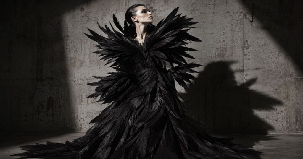 AI avant-garde fashion prompts example showing a sculptural editorial look