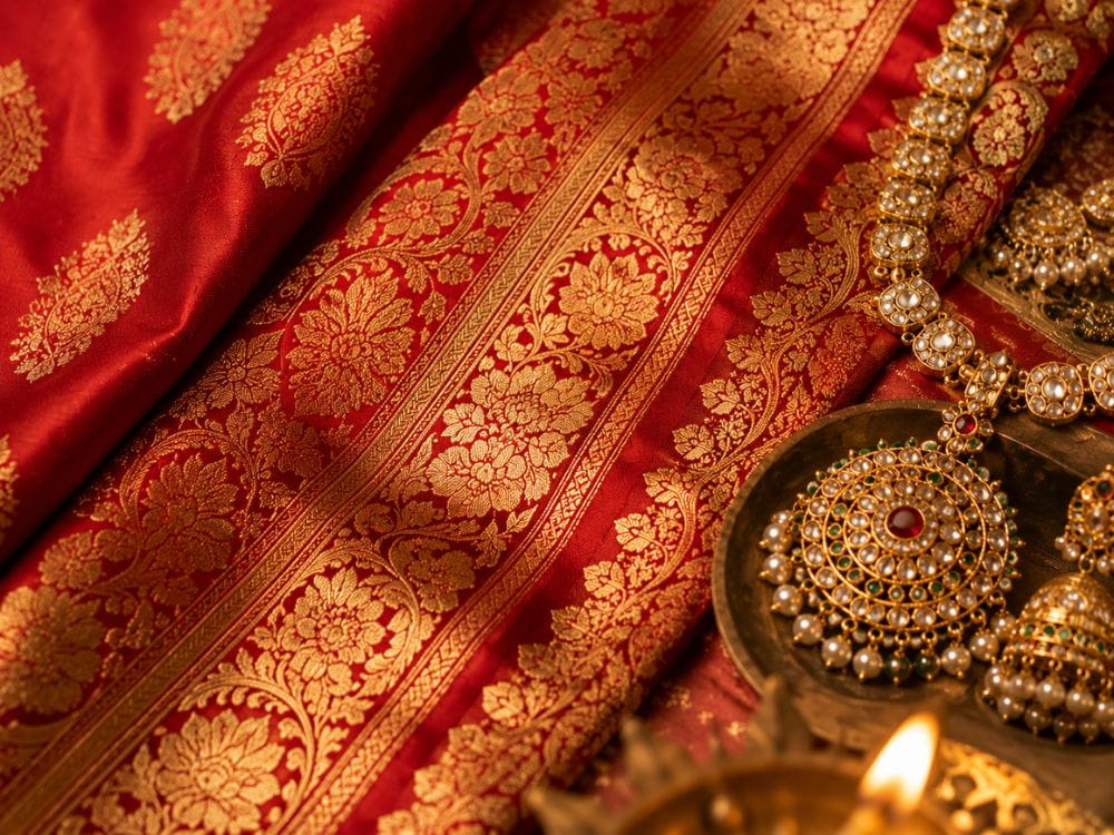 AI Prompts for Diwali Outfits – Jewelry & Embroidery Detail AI prompts for Diwali outfits featuring gold zari embroidery and festive jewelry details
