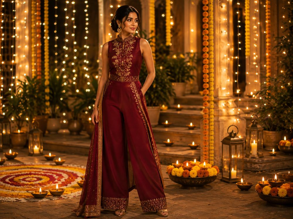 AI Prompts for Diwali Outfits – Fusion Style AI prompts for Diwali outfits featuring a gold and maroon fusion jumpsuit