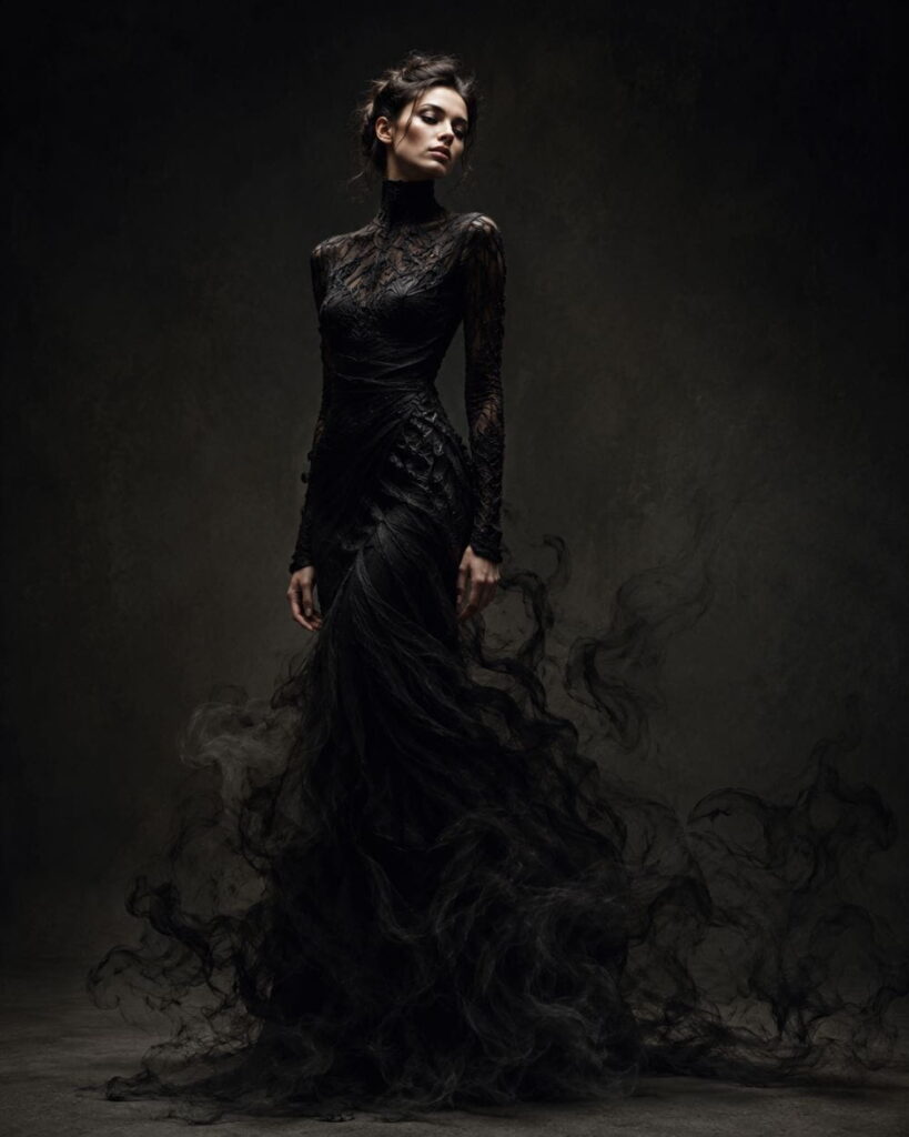 AI avant-garde fashion prompt example of a gown dissolving into smoke as a concept-first design
