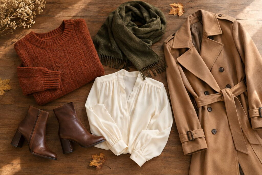 fall fashion photoshoot outfit color palette in earthy autumn tones