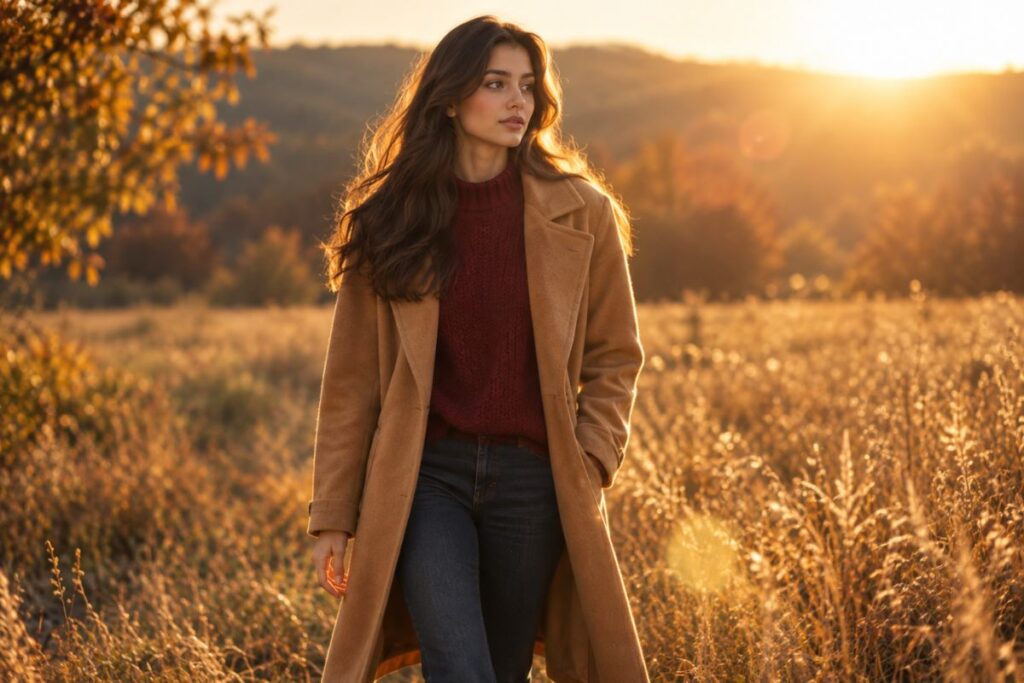 	fall fashion photoshoot outfit glowing in warm golden hour light