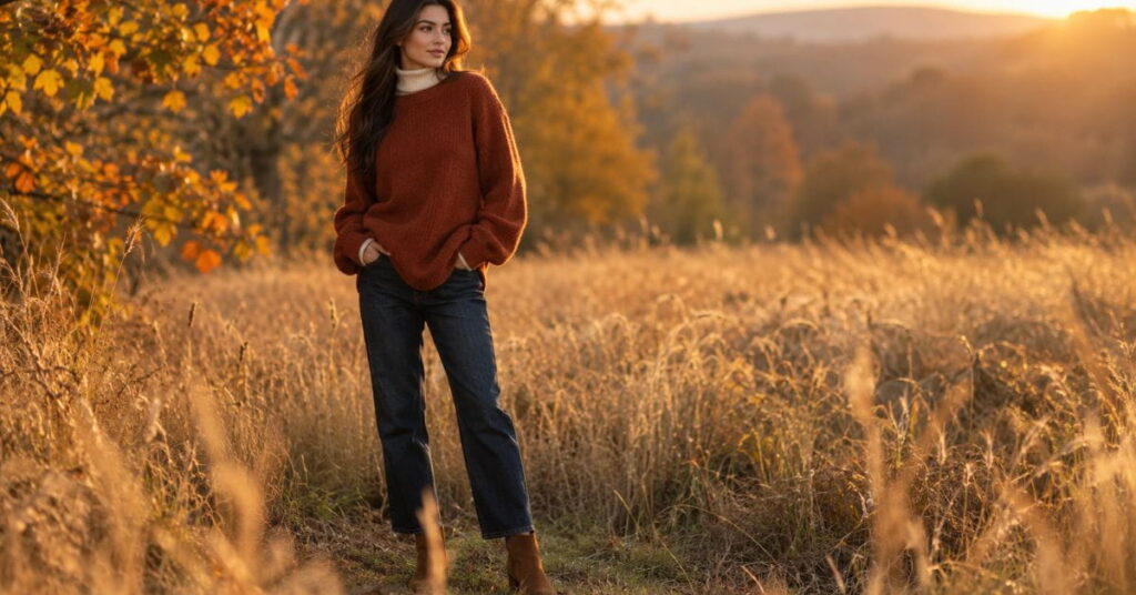 fall fashion photoshoot outfit in rust and cream layered look
