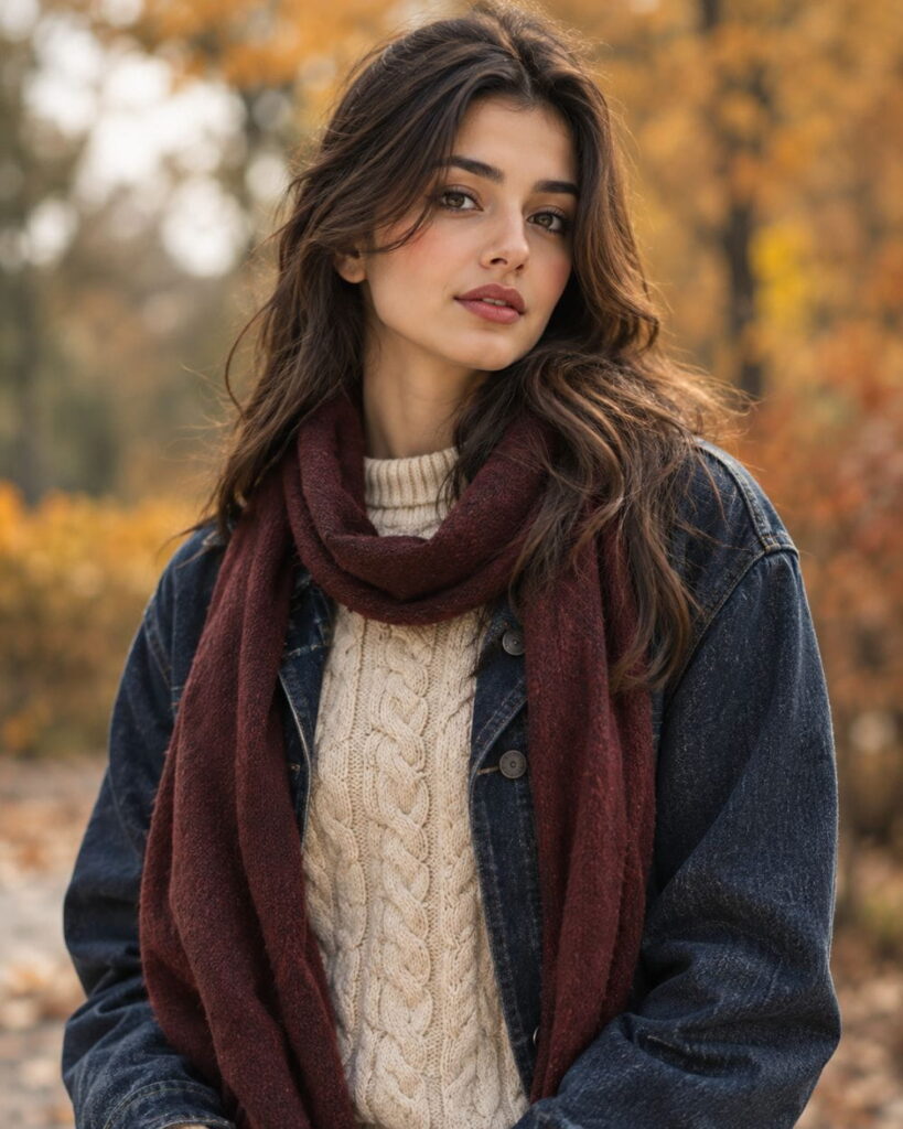 layered fall fashion photoshoot outfit with textured knitwear and jacket