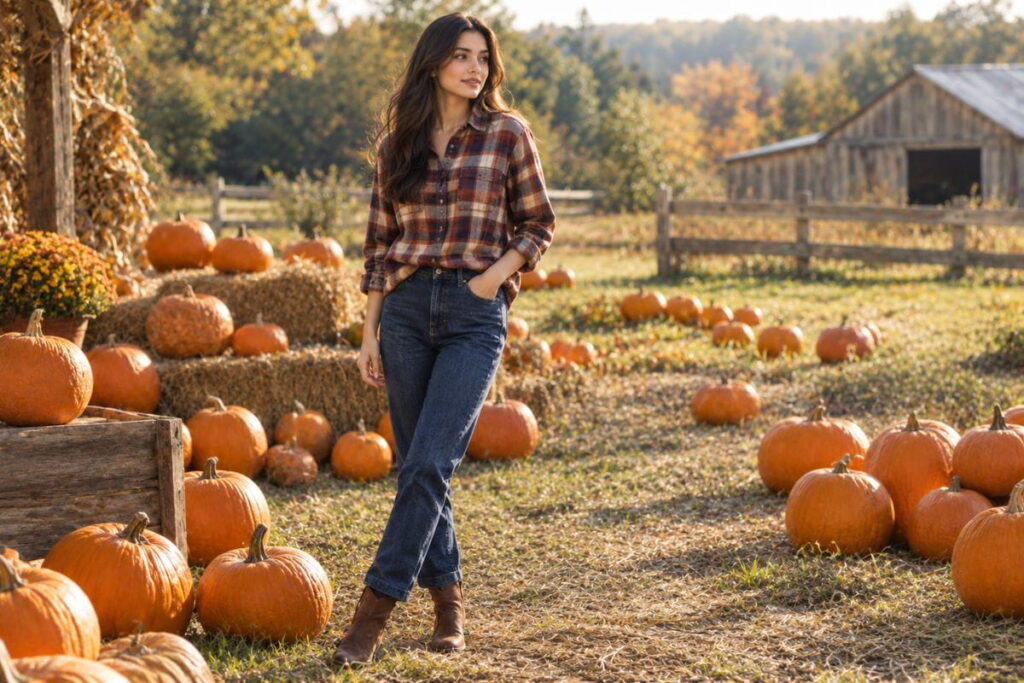 fall fashion photoshoot outfit styled for an outdoor pumpkin patch setting