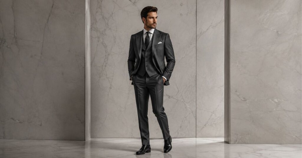Menswear AI prompts pack — AI-generated man in tailored charcoal suit