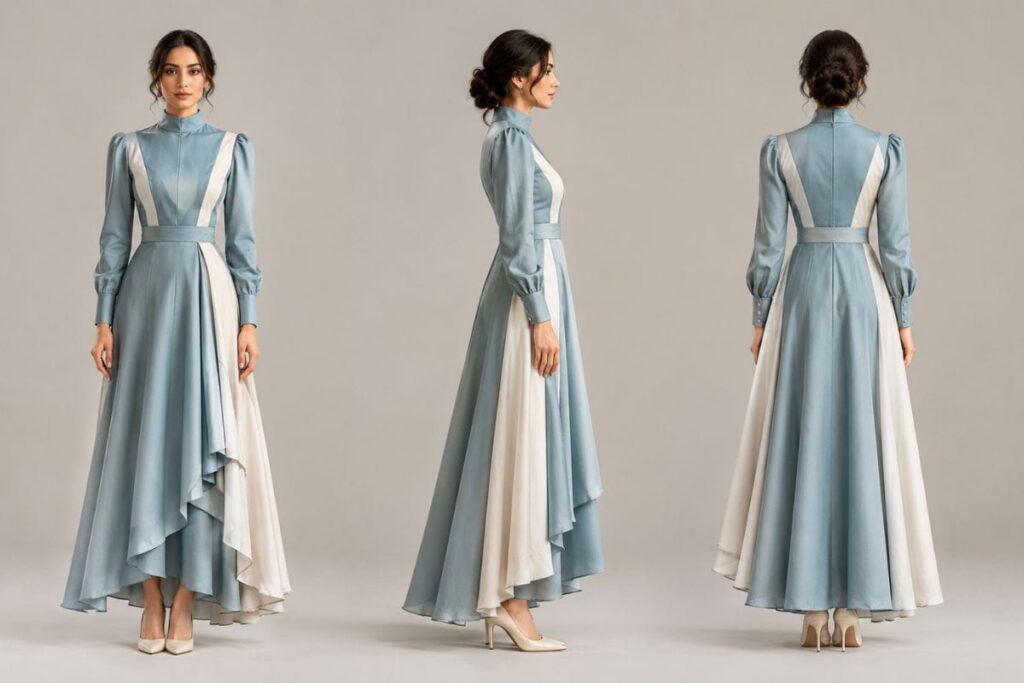 Generate Front, Back and Side Fashion Views AI fashion design prompts front back and side views