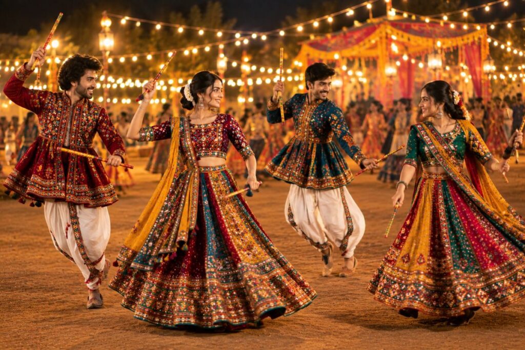 Dandiya Raas Navratri Fashion Adults wearing festive traditional outfits during a Dandiya Raas celebration