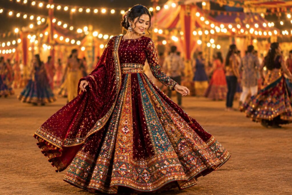 Garba Night Glam AI Fashion Garba night fashion look with embroidered chaniya choli and festive lights
