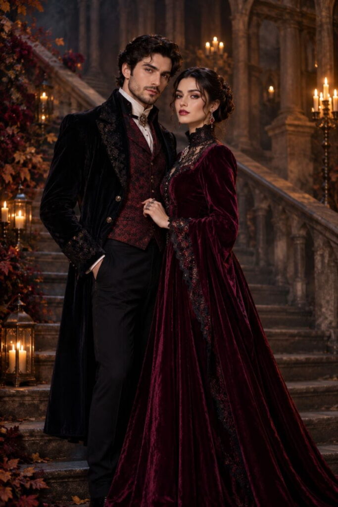Gothic Vampire Couple Halloween Costumes Gothic vampire couple Halloween costumes featuring a black velvet coat and burgundy velvet gown