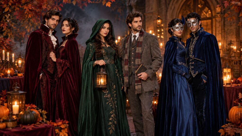 Halloween costume AI prompts: couples and friends in handmade Halloween costumes at an autumn party