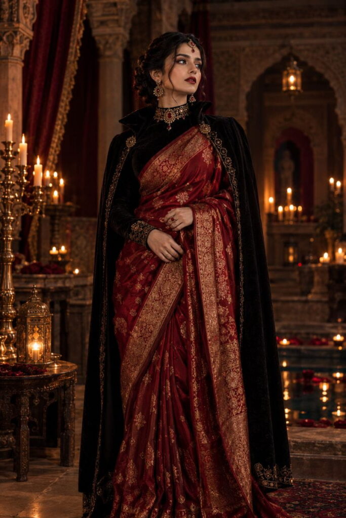 Banarasi Vampire Queen Costume Halloween costume AI prompts: Banarasi saree vampire queen with gold brocade