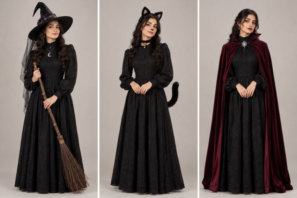 Black Dress Three Ways Last-Minute Costume One black dress styled three ways, a last-minute idea from Halloween costume AI prompts