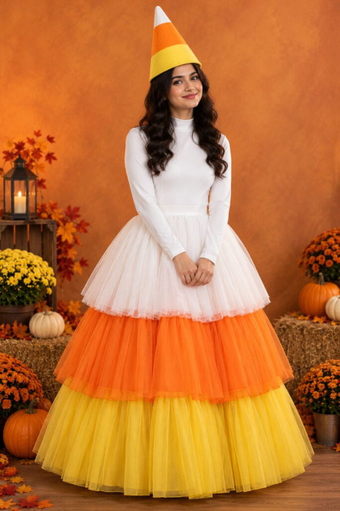 Candy-Corn Couture Costume Halloween costume AI prompts: candy-corn couture tulle skirt and cone hat