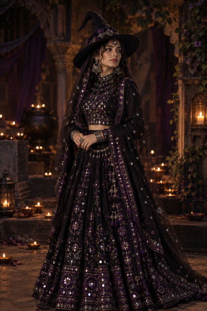 Chaniya Choli Witch Halloween Costume Halloween costume AI prompts: chaniya choli witch with mirror work and dupatta veil