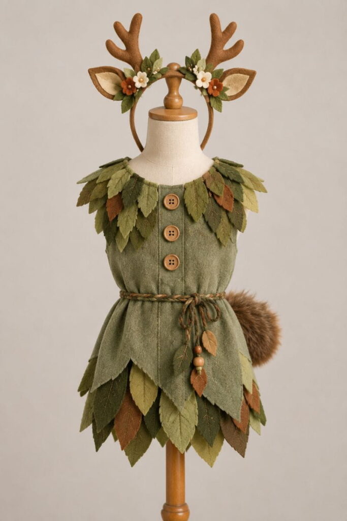 Friendly Forest Spirit Kids Costume on a Mannequin Kids forest spirit costume on a mannequin, a gentle idea from Halloween costume AI prompts