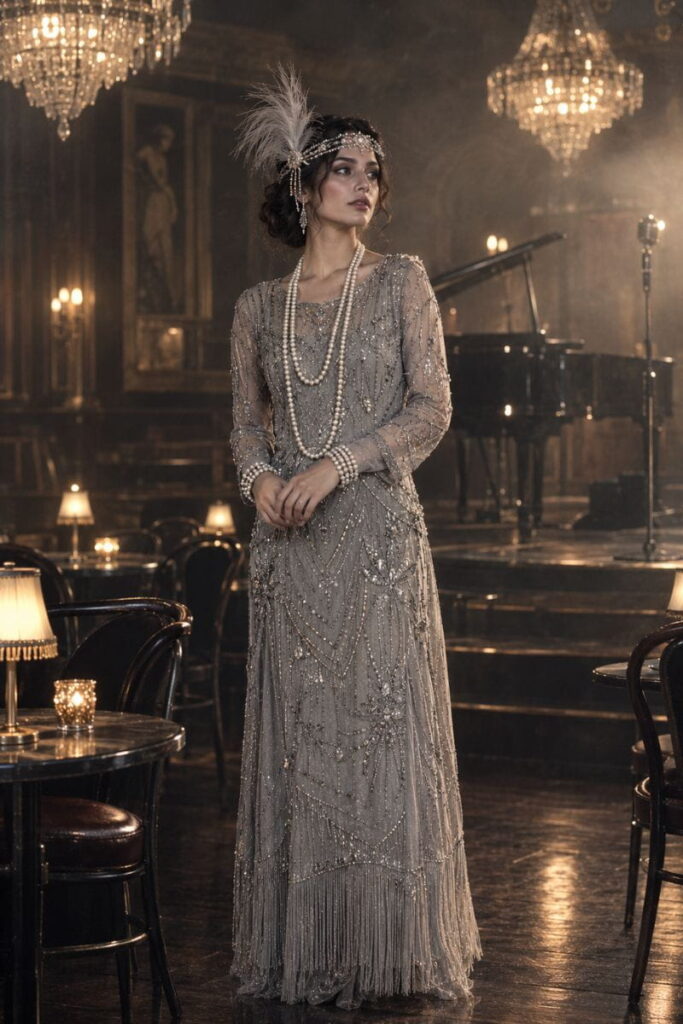 Ghost Flapper Costume Halloween costume AI prompts: 1920s ghost flapper in a beaded dress and feather headband