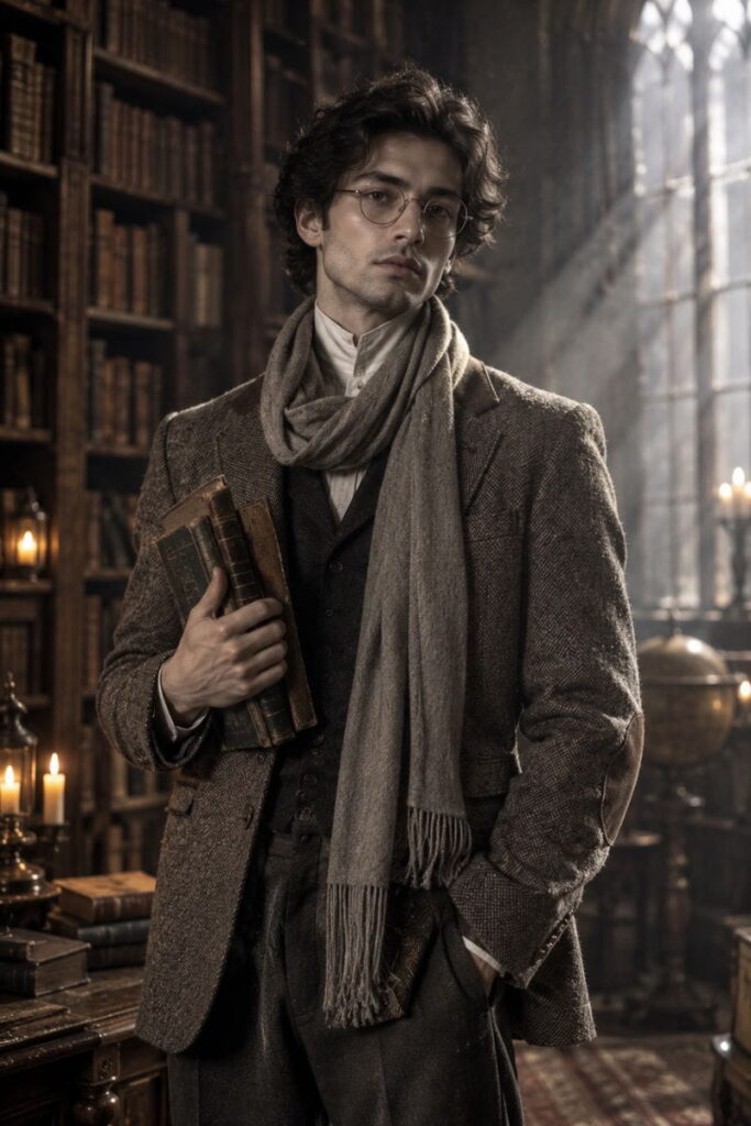 Dark Academia Ghost Professor Costume Halloween costume AI prompts: dark academia ghost professor in a grey tweed blazer