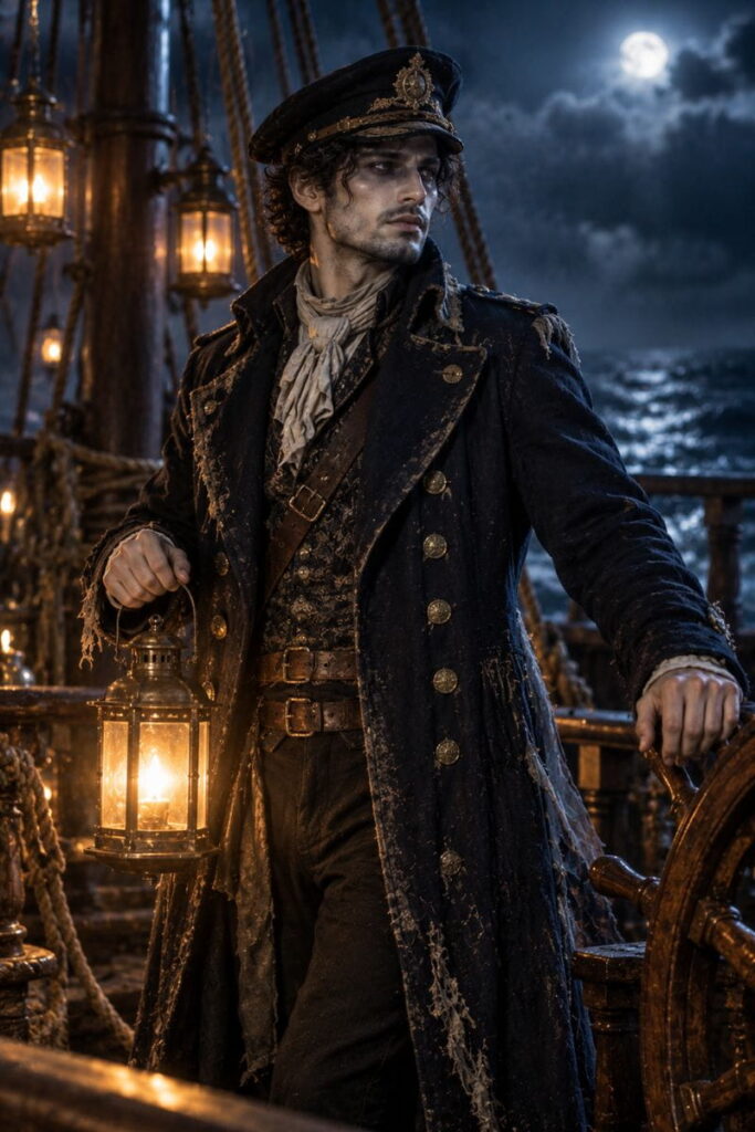 Ghost Sea Captain Costume Halloween costume AI prompts: ghost sea captain in a weathered navy coat