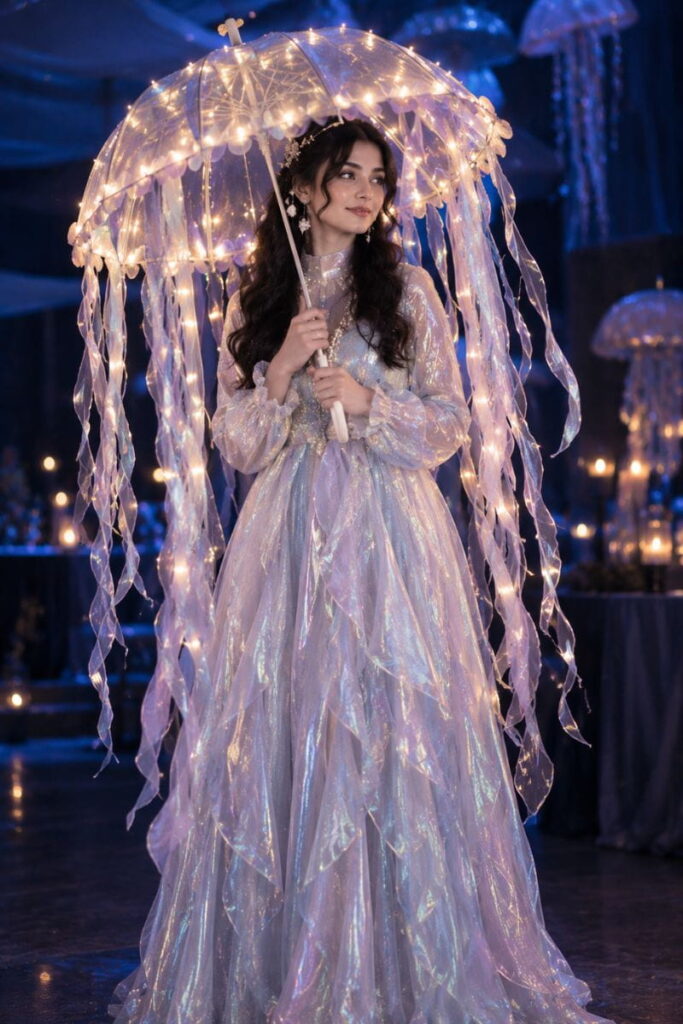 Glowing Jellyfish Umbrella Costume Halloween costume AI prompts: glowing jellyfish umbrella costume with LED lights