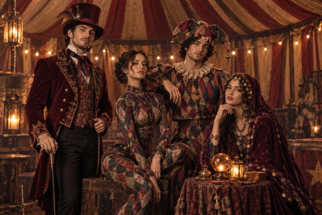 Haunted Circus Troupe Group Costume Haunted circus troupe group costume from Halloween costume AI prompts
