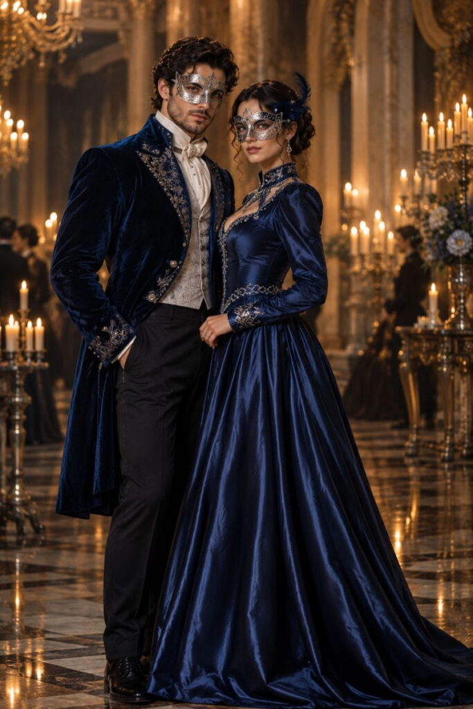 Masquerade Ball Pair Costume Masquerade ball couple costumes created with Halloween costume AI prompts