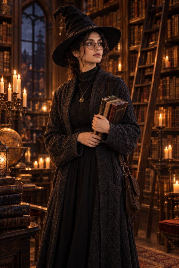 Midnight Librarian Witch Costume Halloween costume AI prompts: cosy midnight librarian witch with books and round glasses