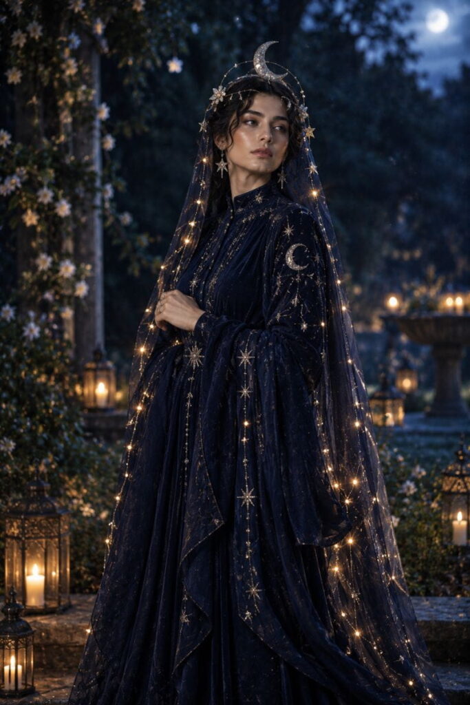 Midnight Moon Goddess No-Sew Costume No-sew midnight moon goddess costume made with Halloween costume AI prompts