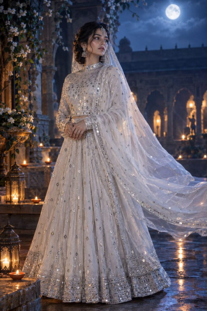 Navratri Night Ghost Costume Navratri night ghost in a white chaniya choli, one of the Halloween costume AI prompts