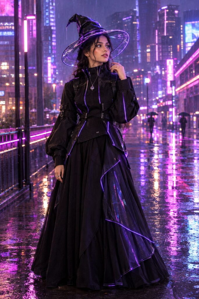 Neon Cyber Witch Costume Neon cyber witch costume with LED trim, from Halloween costume AI prompts