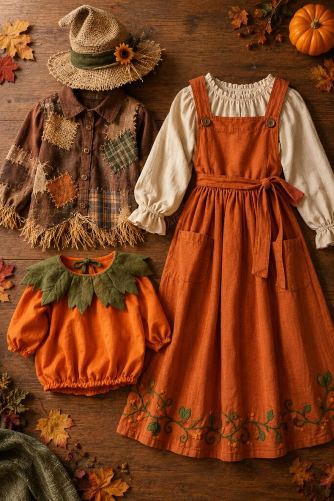 Pumpkin Patch Family Costumes Flat-Lay Halloween costume AI prompts: pumpkin patch family costumes laid out as a flat-lay