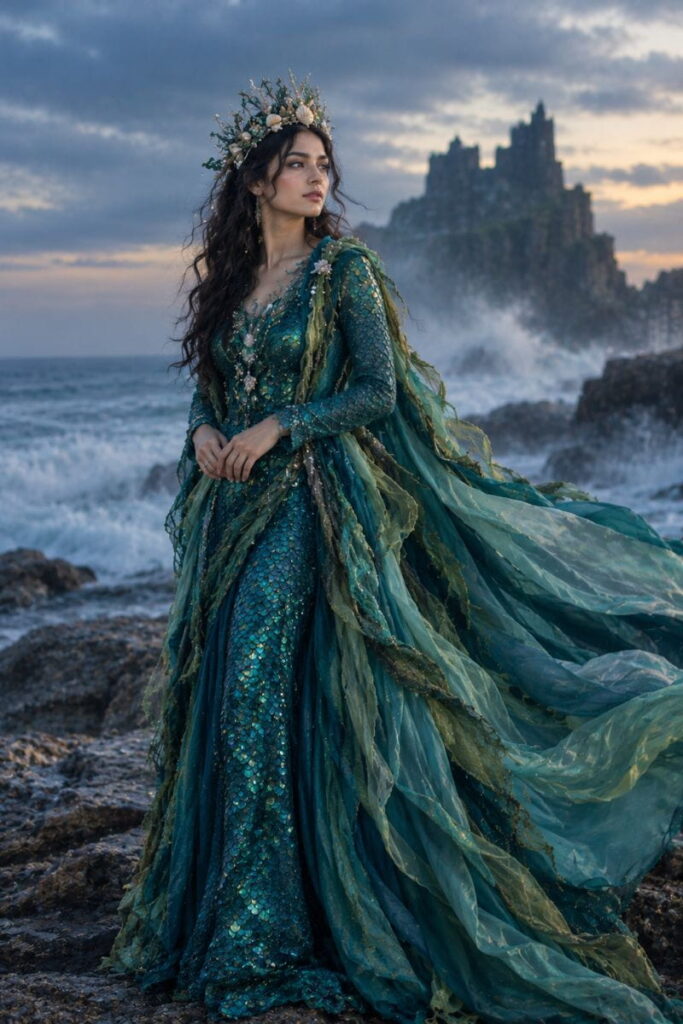 Sea Witch Costume Halloween costume AI prompts: sea witch in a teal sequin gown with a shell crown