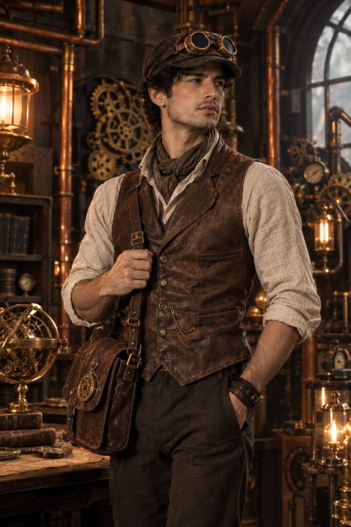 Steampunk Time Traveller Costume Steampunk time traveller costume for men from Halloween costume AI prompts