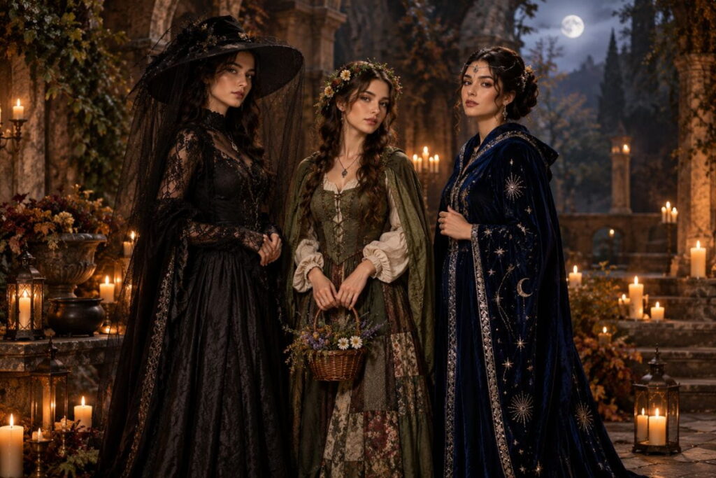 Three-Witch Coven Group Costume Halloween costume AI prompts for a group: three-witch coven in gothic, cottagecore and celestial styles