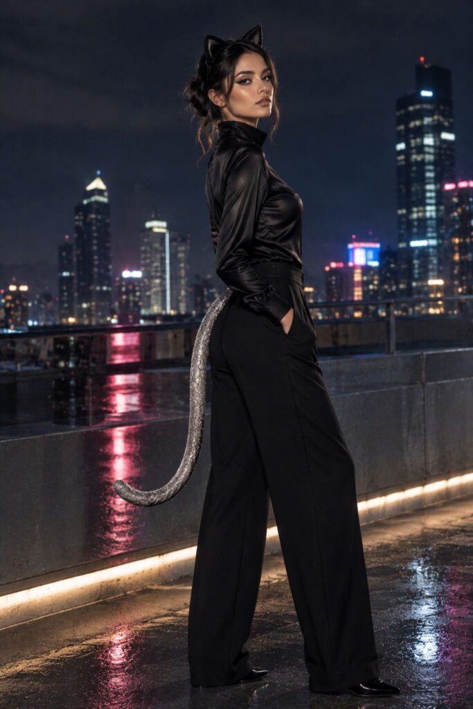 Elegant Black Cat Halloween Outfit Black cat costume made with Halloween outfit AI prompts on a night rooftop