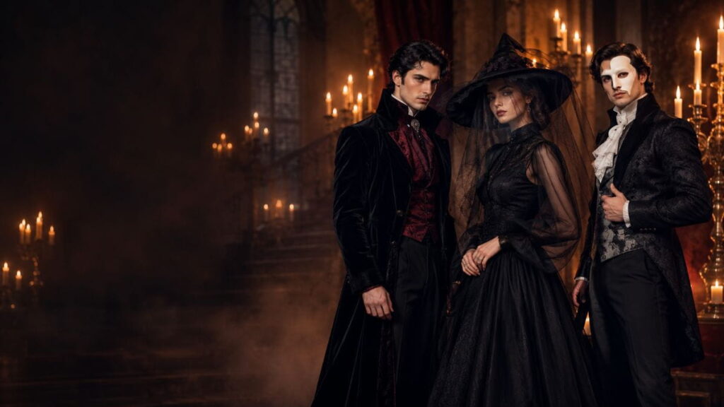 Halloween outfit AI prompts: vampire, witch and masquerade costumes in a candle-lit hall