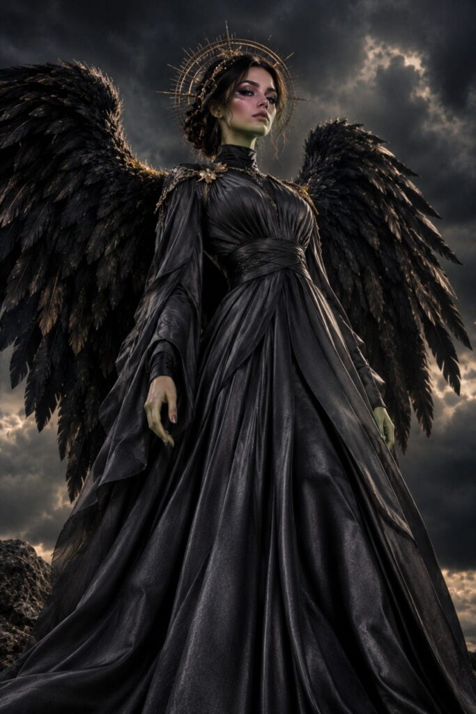 Fallen Angel Halloween Outfit Halloween outfit AI prompts: fallen angel with black feathered wings