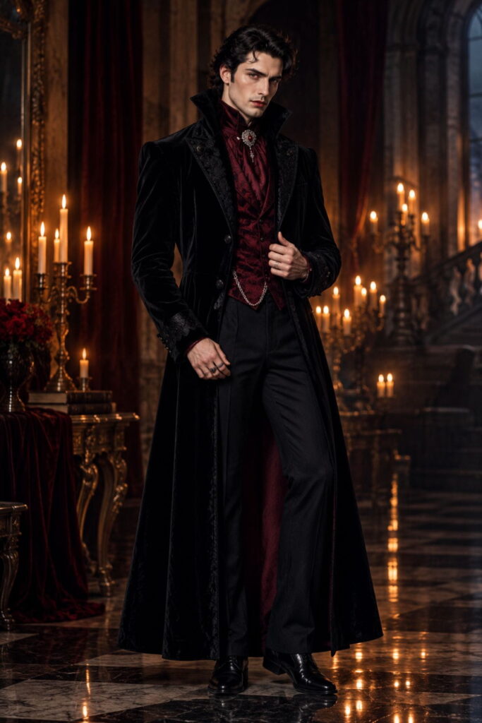 Gothic Vampire Aristocrat Halloween Outfit Halloween outfit AI prompts: gothic vampire aristocrat in a black velvet coat