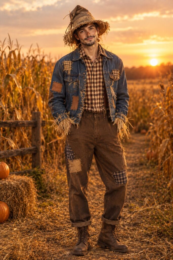 Haunted Scarecrow Halloween Outfit Halloween outfit AI prompts: stylish scarecrow in a patched denim jacket