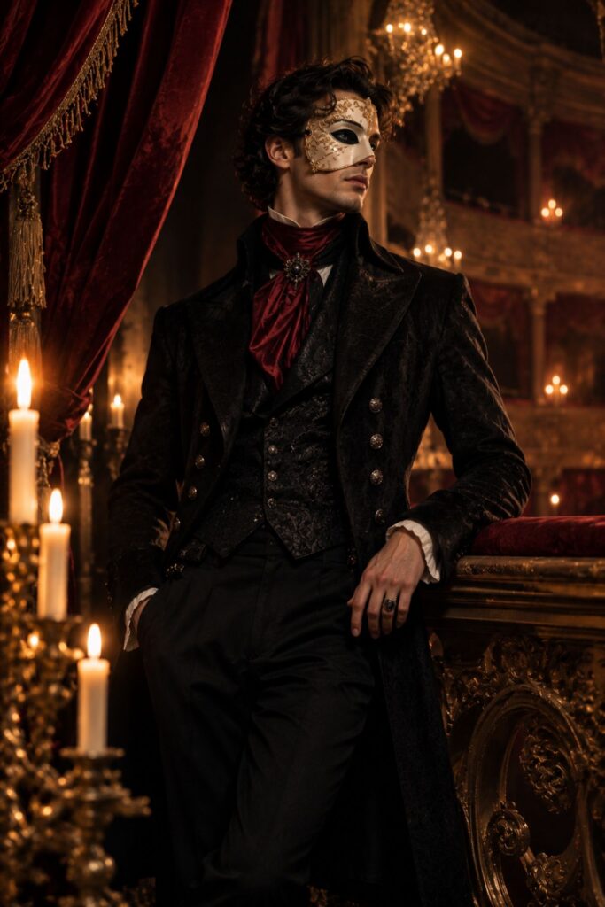Masquerade Phantom Halloween Outfit Halloween outfit AI prompts: masquerade phantom in a tailcoat and porcelain mask