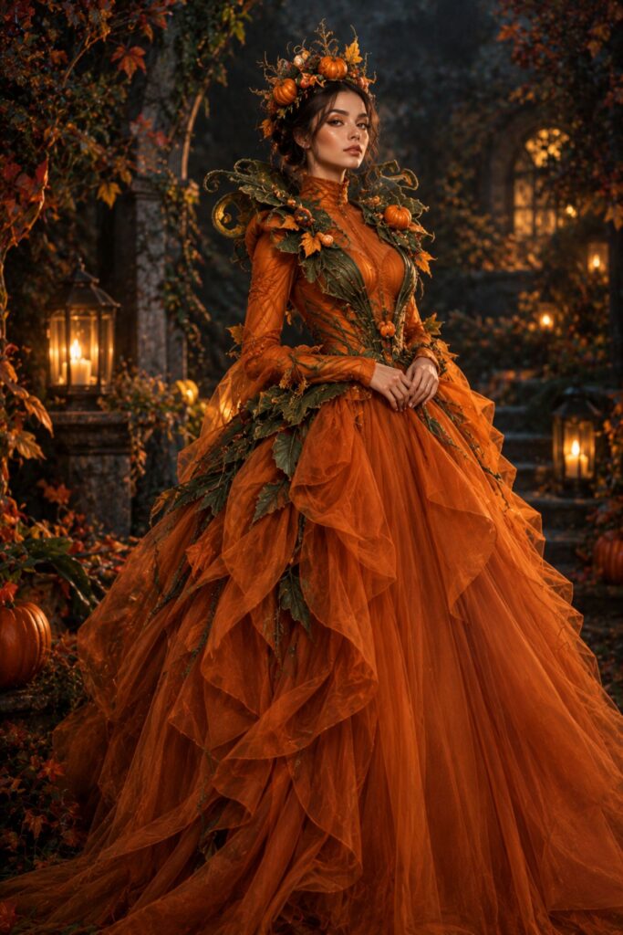 Pumpkin Queen Halloween Outfit Pumpkin queen gown from our Halloween outfit AI prompts