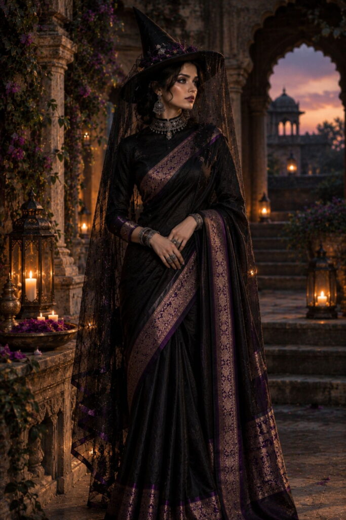 Desi Fusion Saree Witch Halloween Outfit Halloween outfit AI prompts: saree-draped witch with zari border and dupatta veil