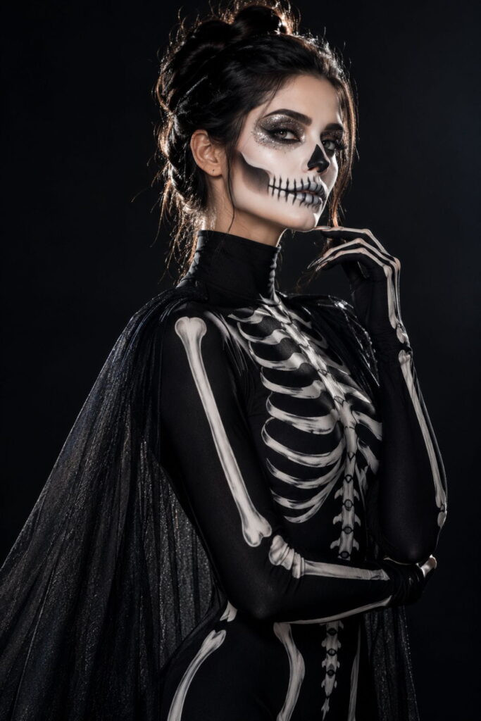 Skeleton Glam Halloween Outfit Skeleton face paint look from Halloween outfit AI prompts