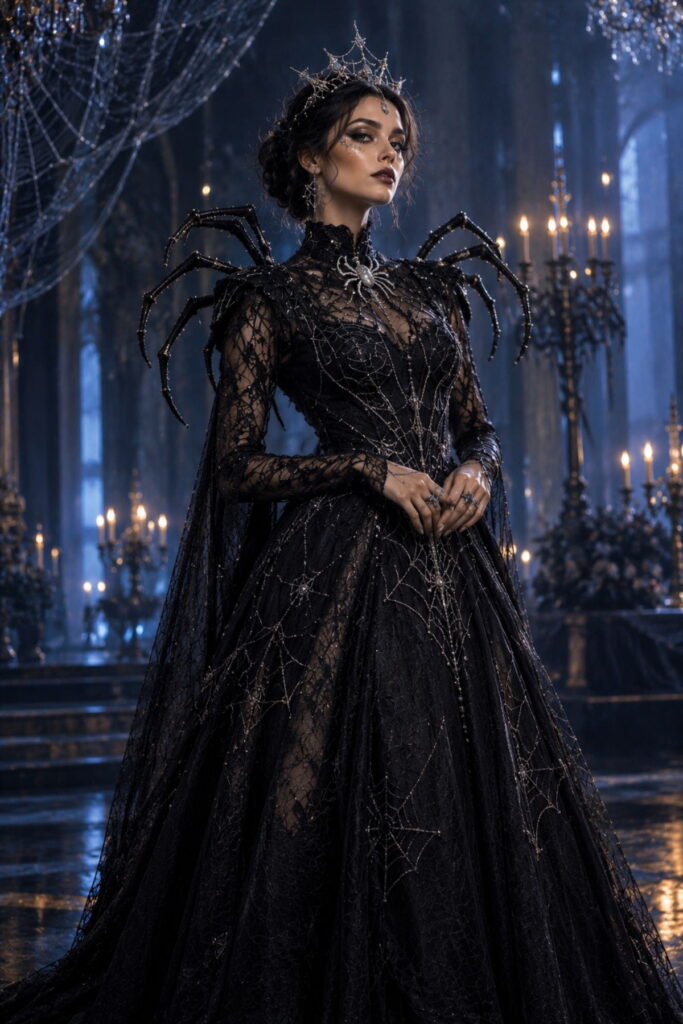 Spider Queen Halloween Outfit Spider queen lace gown created with Halloween outfit AI prompts