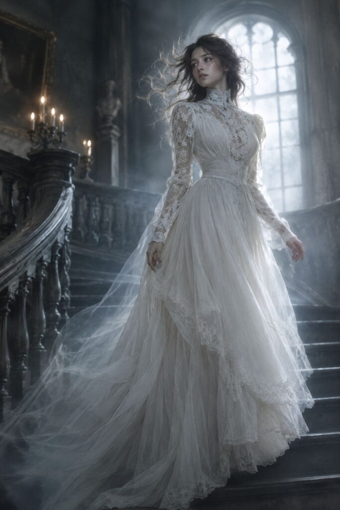 Victorian Ghost Halloween Outfit Halloween outfit AI prompts: Victorian ghost in a translucent white lace gown