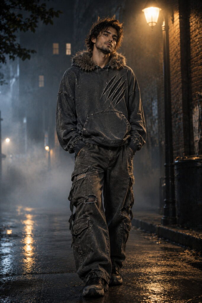 Werewolf Streetwear Halloween Outfit Halloween outfit AI prompts: werewolf-inspired streetwear hoodie look