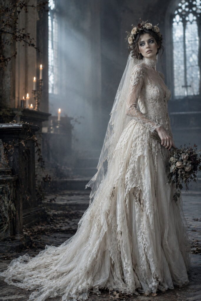 Zombie Bride Halloween Outfit Halloween outfit AI prompts idea: stylish zombie bride in a tattered ivory gown