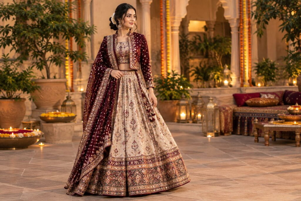 Indo-Western Navratri AI Fashion Indo-Western festive fashion combining a traditional lehenga with modern styling