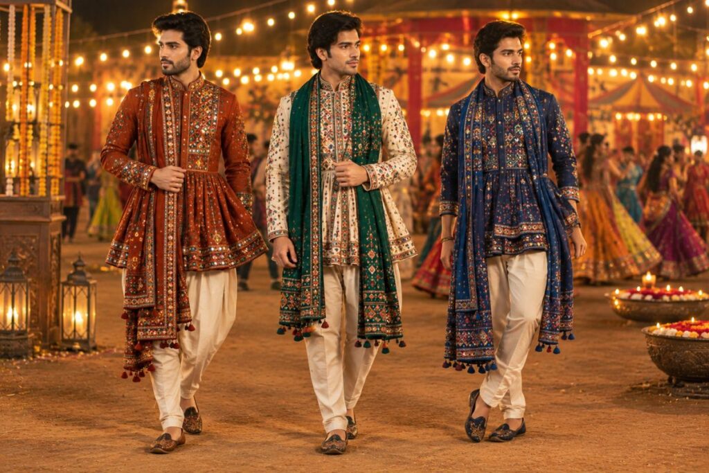 Men's Navratri Fashion AI Prompts Men wearing traditional embroidered kediyu outfits for Navratri