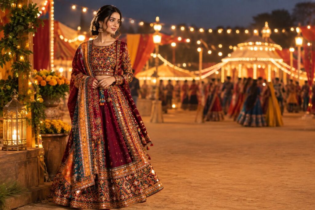 Navratri AI Fashion Inspiration Navratri AI fashion inspiration featuring traditional festive clothing at a Garba celebration